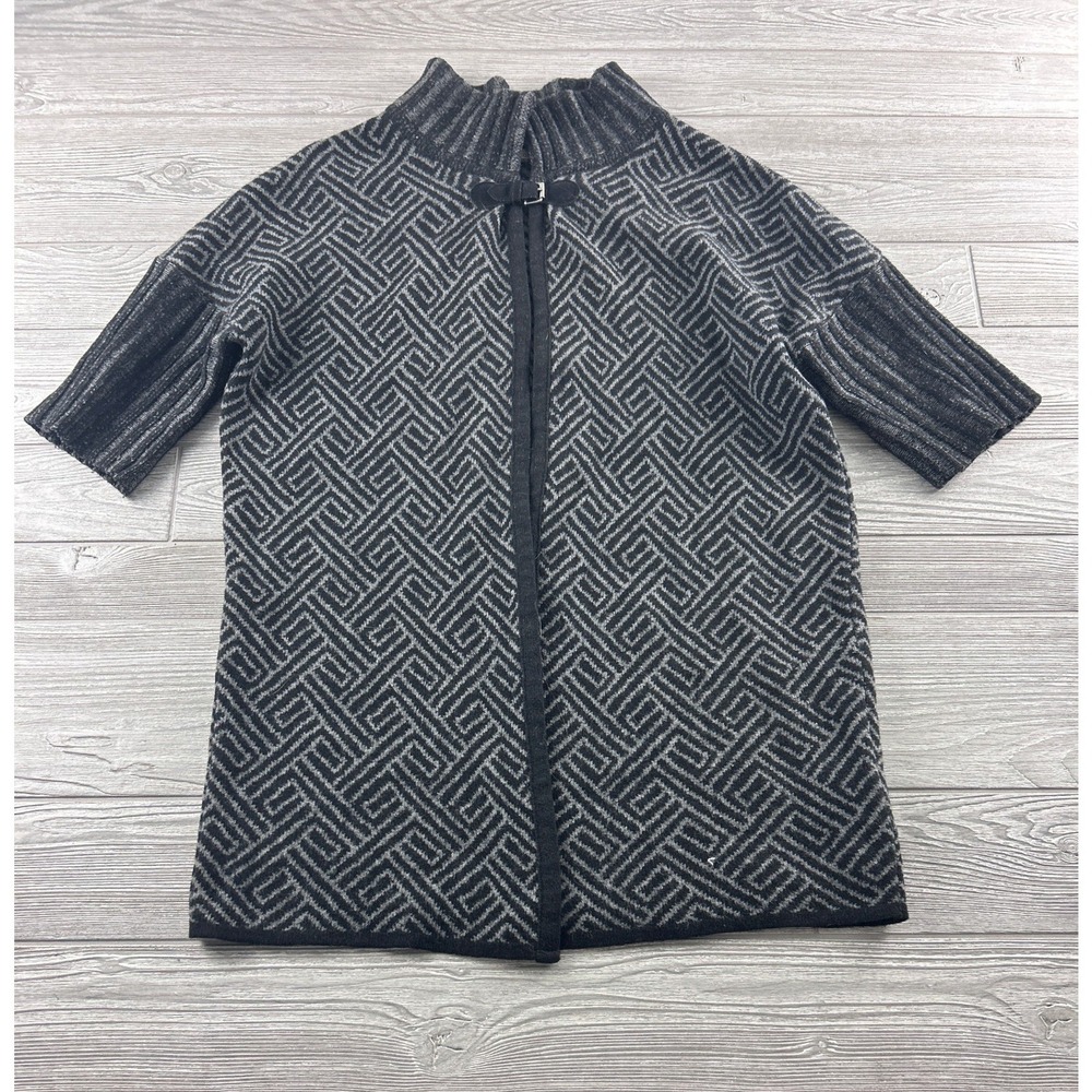 Chiaramente Italy Wool Blend Geometric Cardigan Gray Black Buckle Neck Small